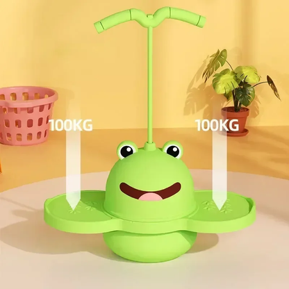 Two kids' foam pogo jumpers, one green, one pink, for active outdoor play and coordination