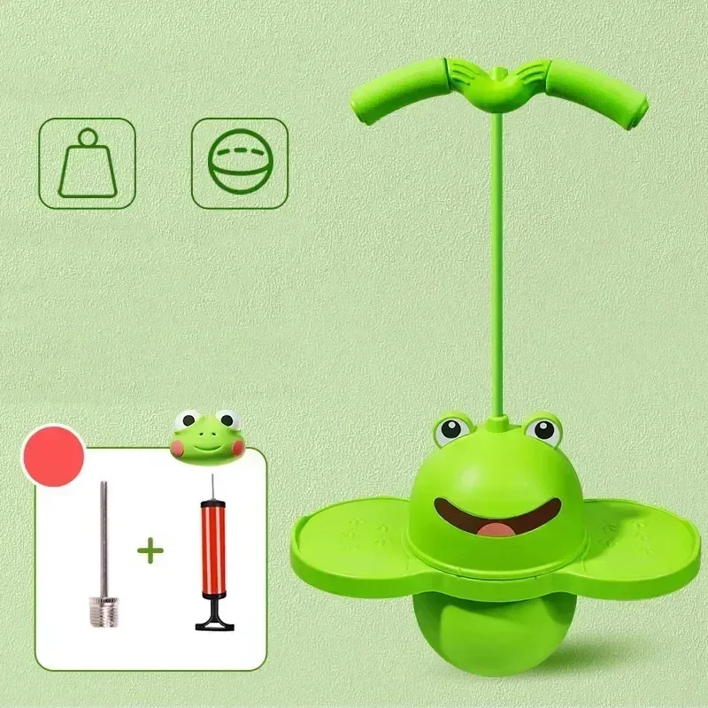 Side view of a green kids' pogo stick with foam base, ideal for developing balance skills