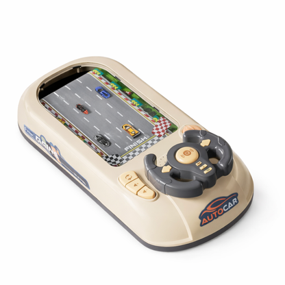 Toddler playing with green driving simulator toy, developing motor skills and coordination