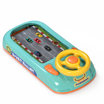 Kids' interactive driving simulator toy, green and beige, promoting educational fun