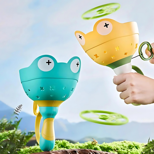 Green kids' outdoor disc launcher toy set with yellow discs, perfect for active play and motor skills development.