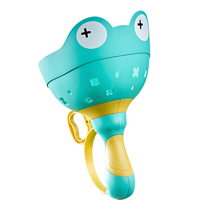 Kids' flying disc launcher set in vibrant green, yellow, and red, ideal for outdoor active play and developing motor skills.