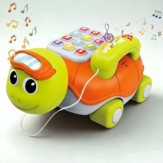 Green musical crawling turtle toy for babies with colorful, glowing buttons and a friendly face, stimulating sensory play.