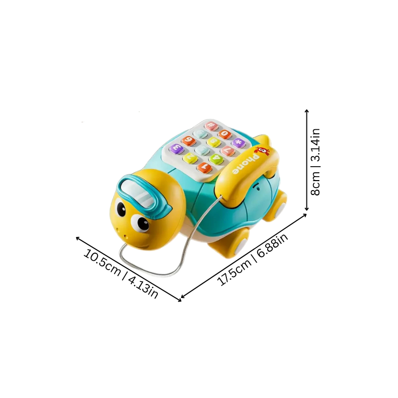 Infant playing with interactive musical crawling turtle toy featuring bright lights & melodies, promoting early development.