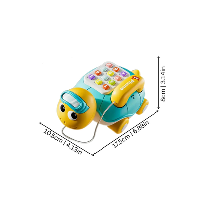 Infant playing with interactive musical crawling turtle toy featuring bright lights & melodies, promoting early development.