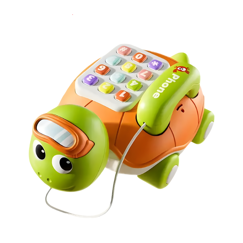 Unisex musical crawling turtle toy with illuminated shell buttons, designed to encourage babies to crawl & explore.