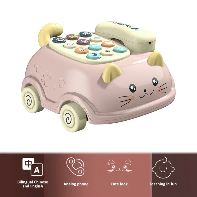 Toddler playing with green and pink educational piano phone toy, early learning development