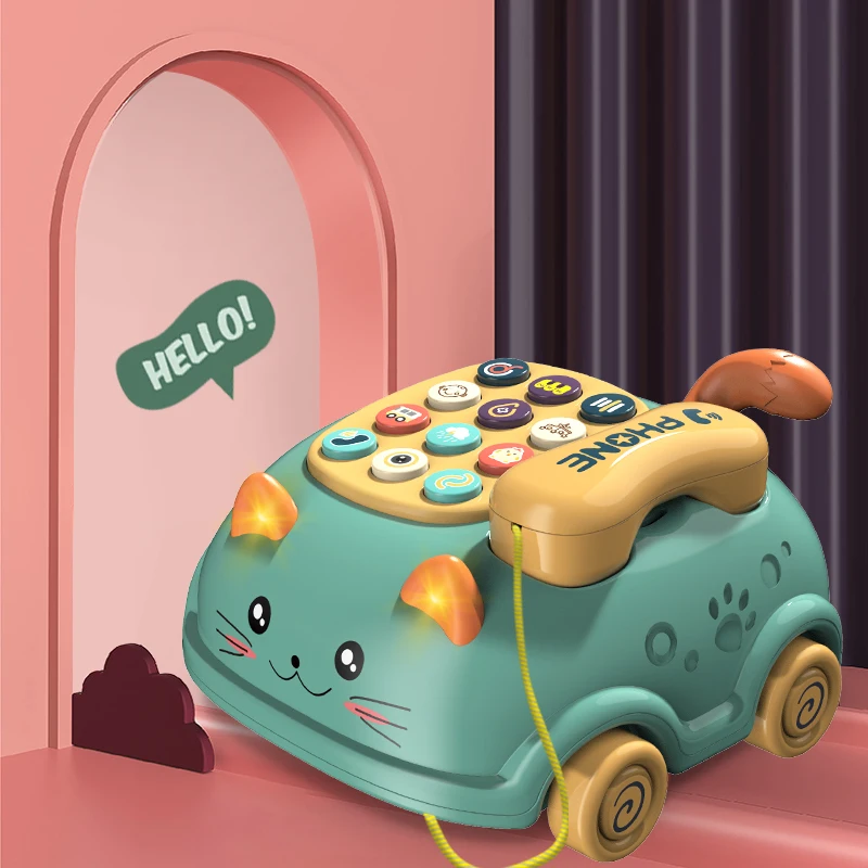 Overhead view of interactive baby piano phone activity toy with various functions