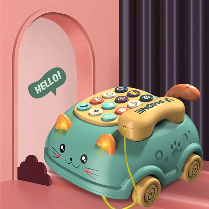 Overhead view of interactive baby piano phone activity toy with various functions