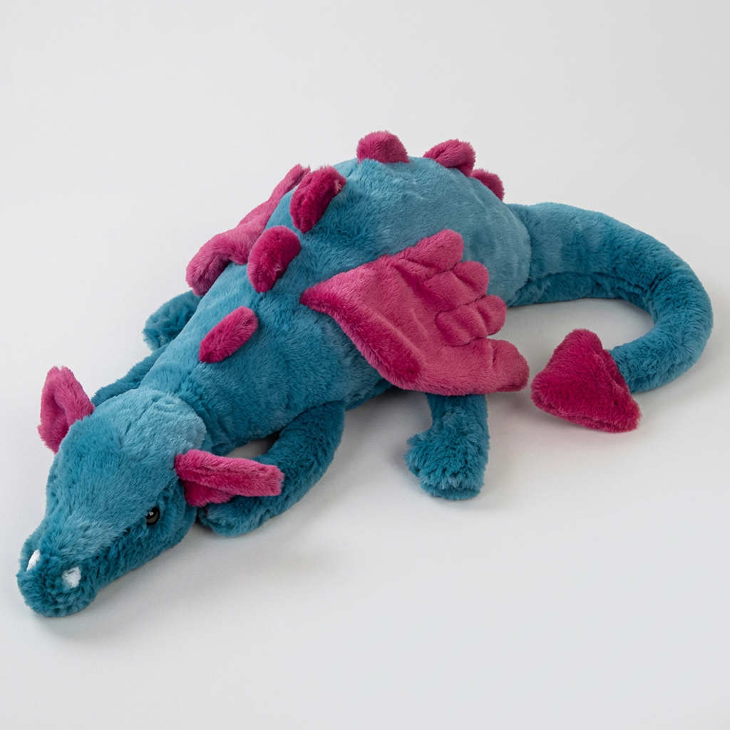 Adorable pink plush dragon toy, soft & cuddly stuffed animal for children's imaginative play. A charming fantasy room decor.