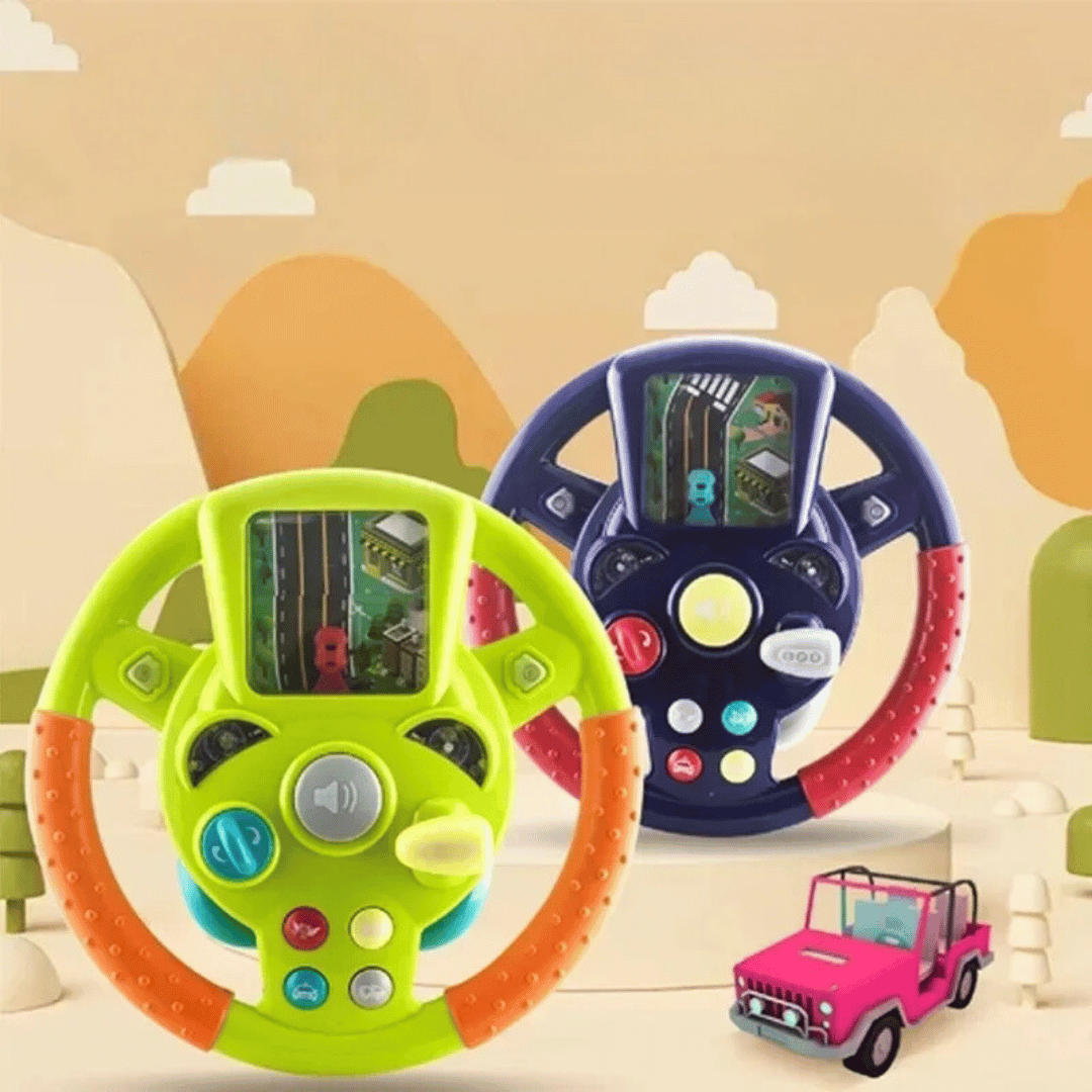 Green & purple kids' educational toy steering wheel with lights, sounds & interactive buttons.