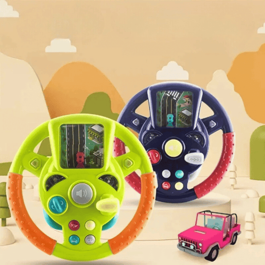 Green & purple kids' educational toy steering wheel with lights, sounds & interactive buttons.