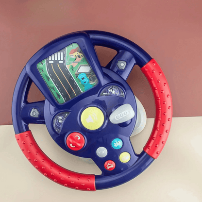 Interactive kids' steering wheel toy, green and purple, for early learning and fun sounds.