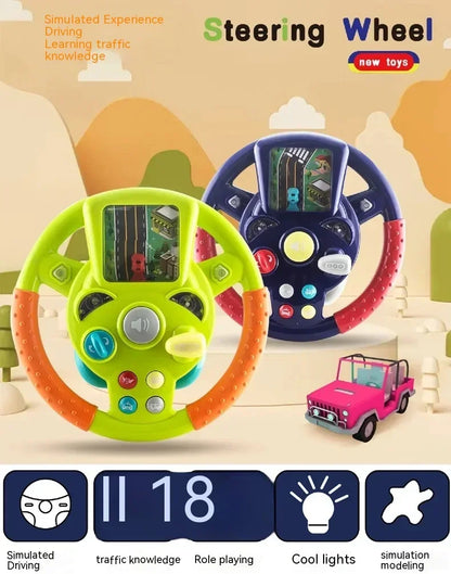Educational activity toy steering wheel in green and purple, stimulating lights & sounds.