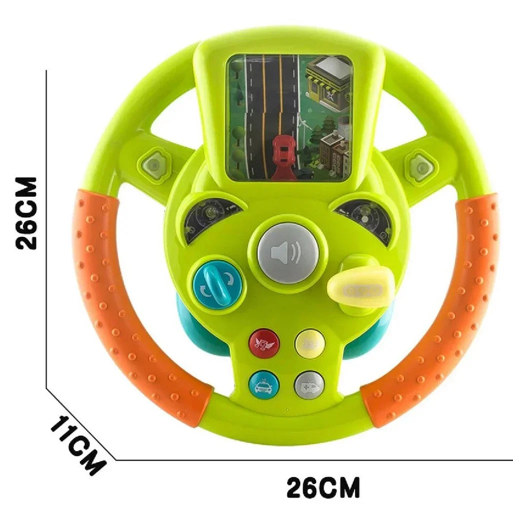 Toddler green and purple educational toy steering wheel, perfect for activity and learning.