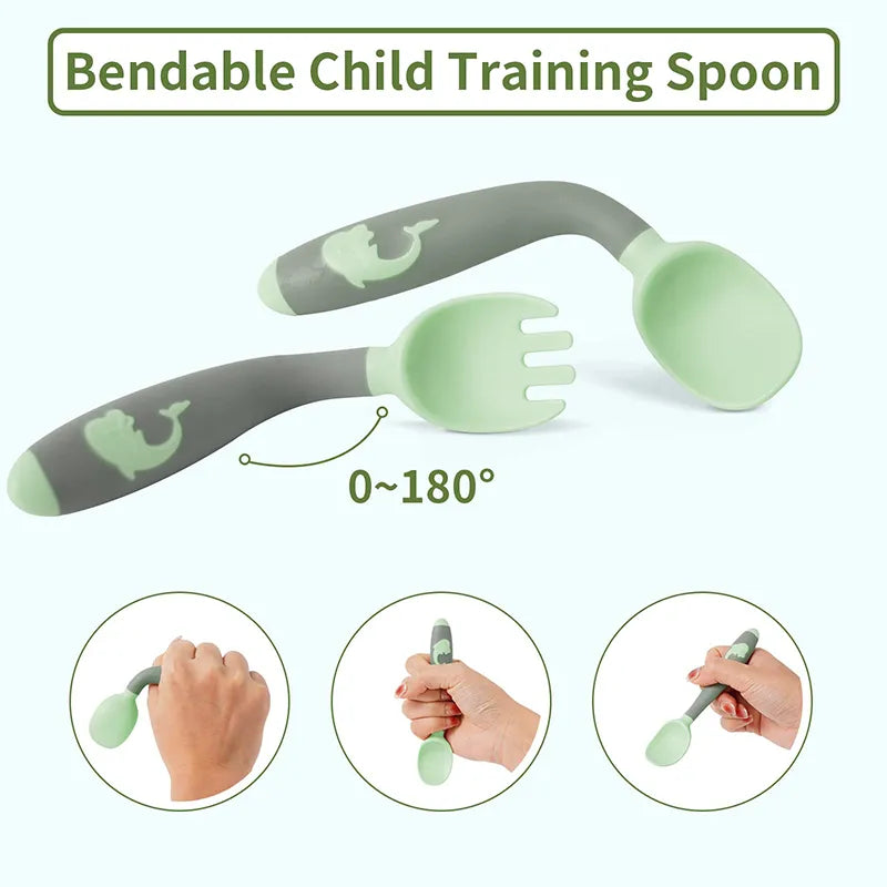 Infant self-feeding kit: pink silicone spoon and fork. Soft, durable kids dinnerware.