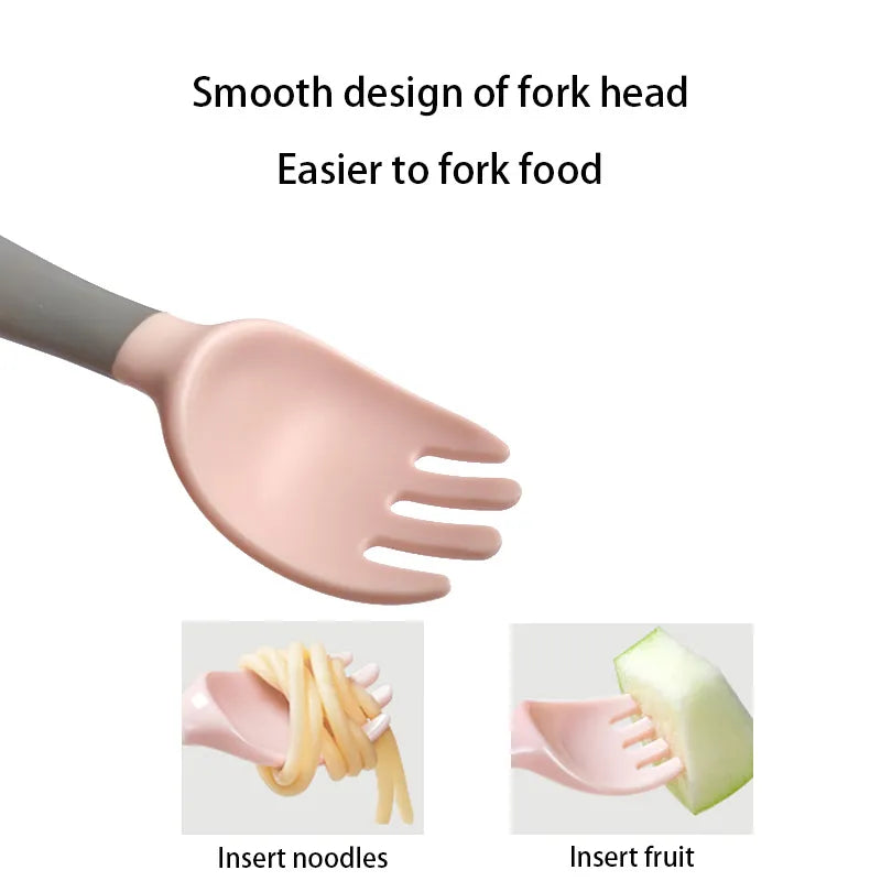 Pink silicone baby fork, designed for safe self-feeding and easy grip by toddlers.