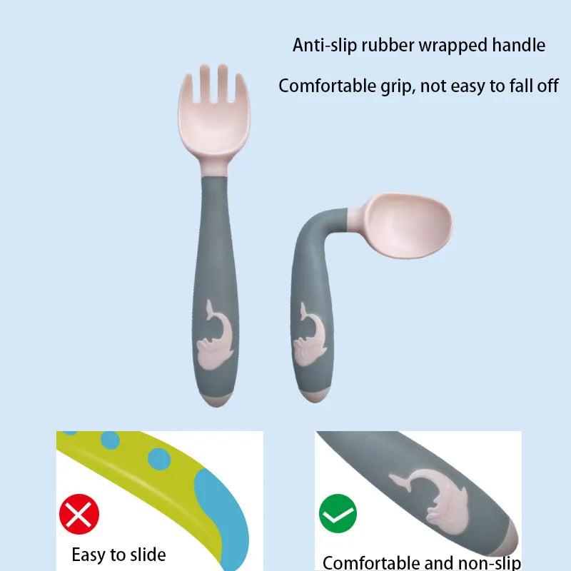 Green and pink baby silicone training spoon and fork set. Ideal for infant self-feeding.