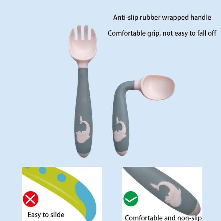 Green and pink baby silicone training spoon and fork set. Ideal for infant self-feeding.