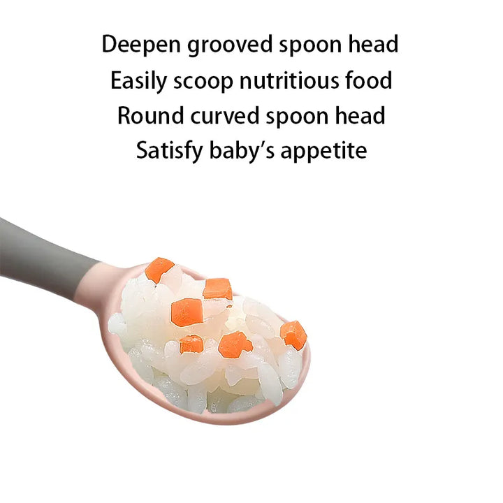 Soft-tip green silicone baby spoon for self-feeding. Essential for weaning infants.