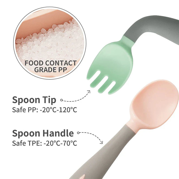 Infant self-feeding green silicone training spoon & fork. Soft tip, gentle on baby gums.