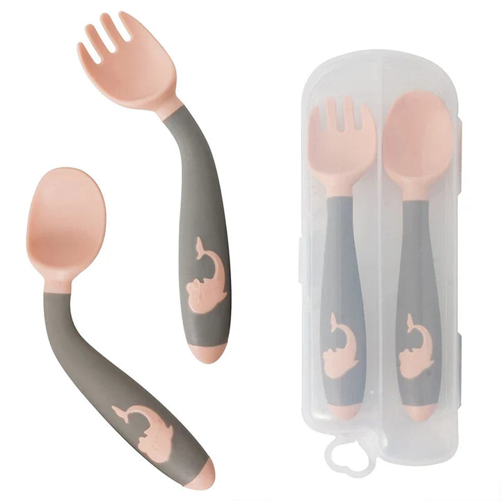 Pink silicone toddler fork, designed for safe self-feeding. Soft tip protects baby's gums.