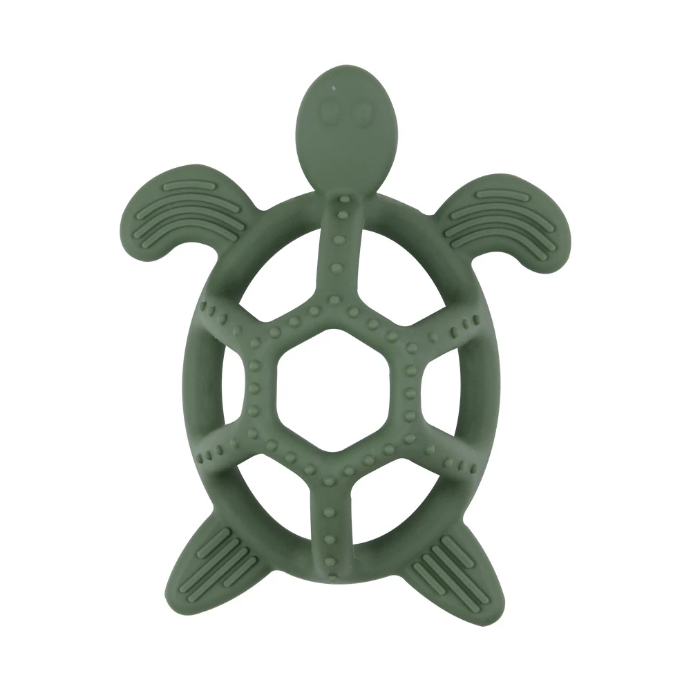 Textured silicone turtle teether stimulating baby gums during infant teething