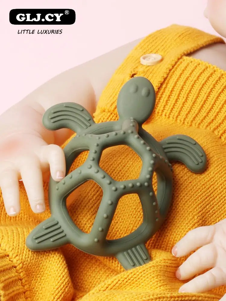 Detail view of baby silicone turtle teether, a safe and effective molar toy
