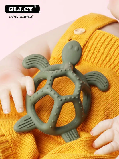 Detail view of baby silicone turtle teether, a safe and effective molar toy