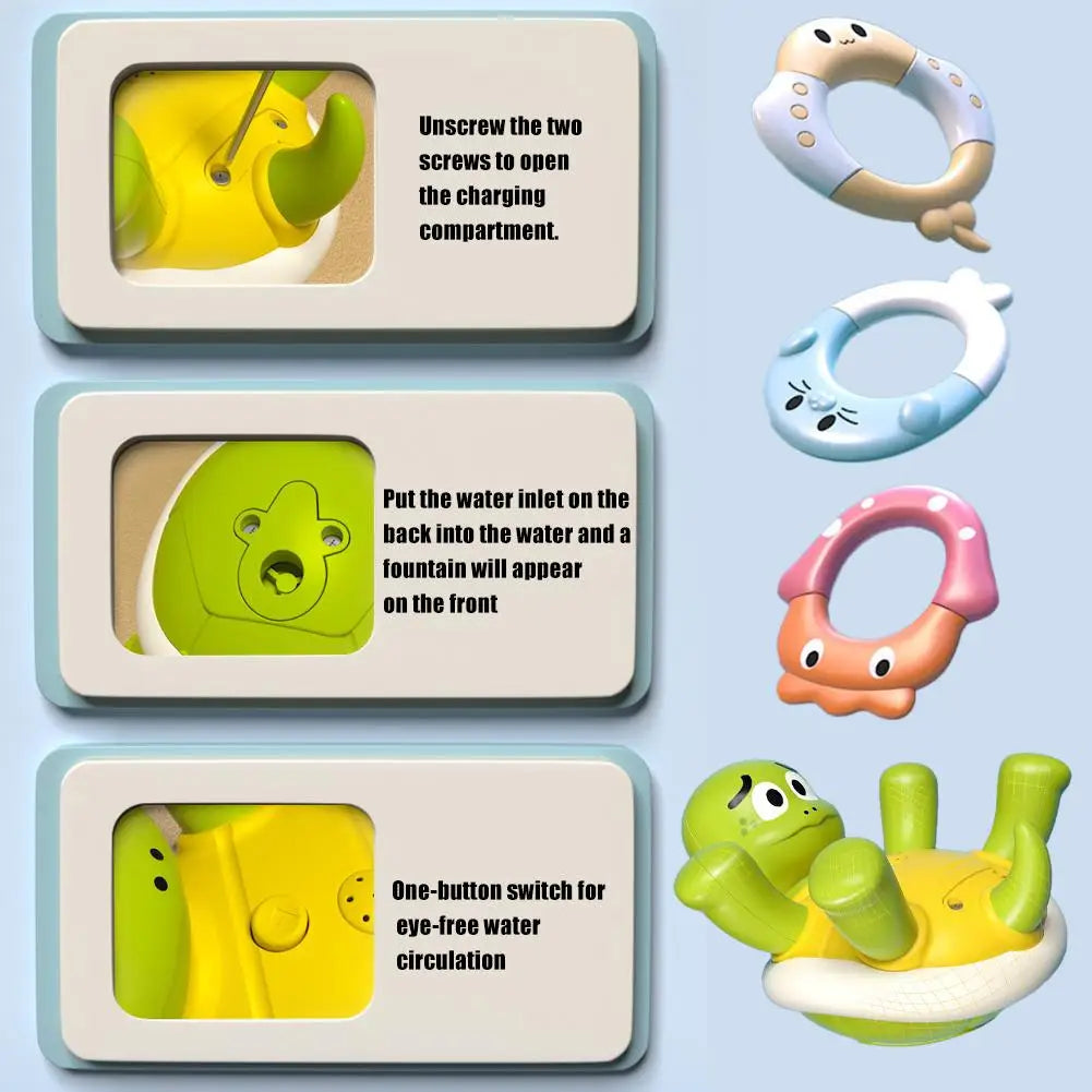 Interactive green turtle bath toy, spinning and spraying water, designed for kids' sensory development.