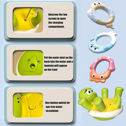 Interactive green turtle bath toy, spinning and spraying water, designed for kids' sensory development.