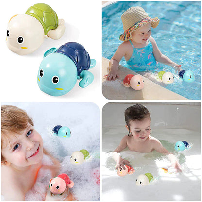 Toddler holding a bright, floating turtle bath toy, perfect for developmental water play