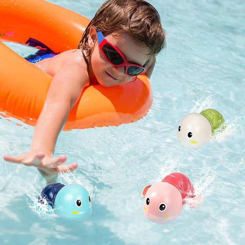Close-up of a smiling turtle swimming bath toy, ideal for pool or tub fun for kids