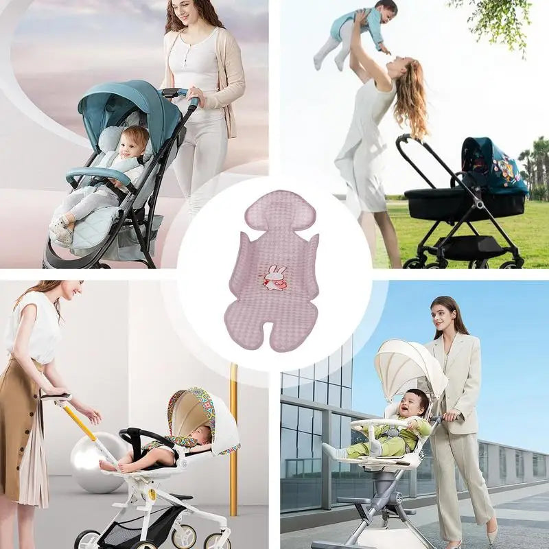 Close-up of green stroller cooling pad texture, breathable material for baby comfort and support