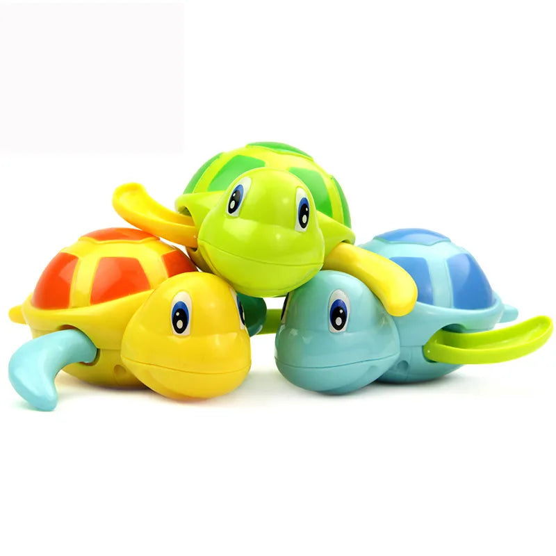 Collection of wind-up swimming turtles in a bath, vibrant colors, perfect kids' water toys for fun