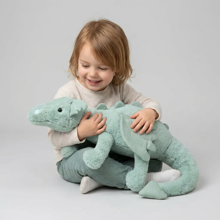 Adorable blue & pink dragon plush toy with wings, a soft fantasy stuffed animal for magical kids' adventures.