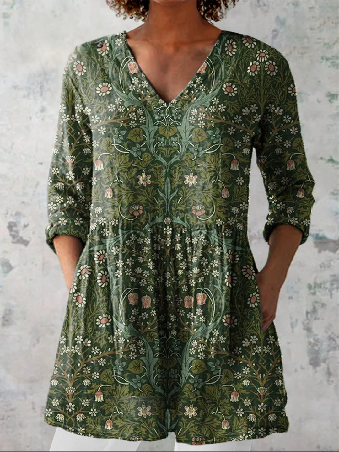 Green Women's V-Neck Tunic Shirt with three-quarter sleeves, loose fit. Comfortable casual top for spring & summer.