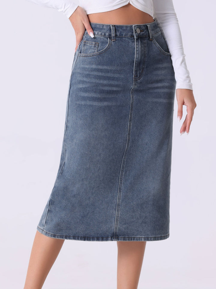 Grey blue high waist midi slit skirt for women. Straight cut offers versatile, effortless style for work or casual wear.