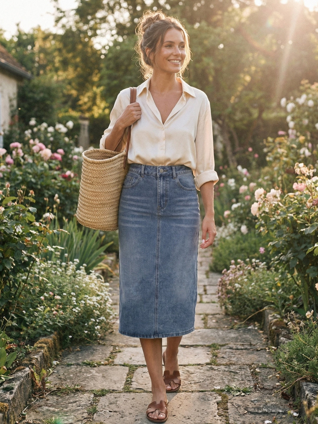 Trendy women's high waist midi straight slit skirt in grey blue. Versatile for casual style, workwear, and everyday fashion.