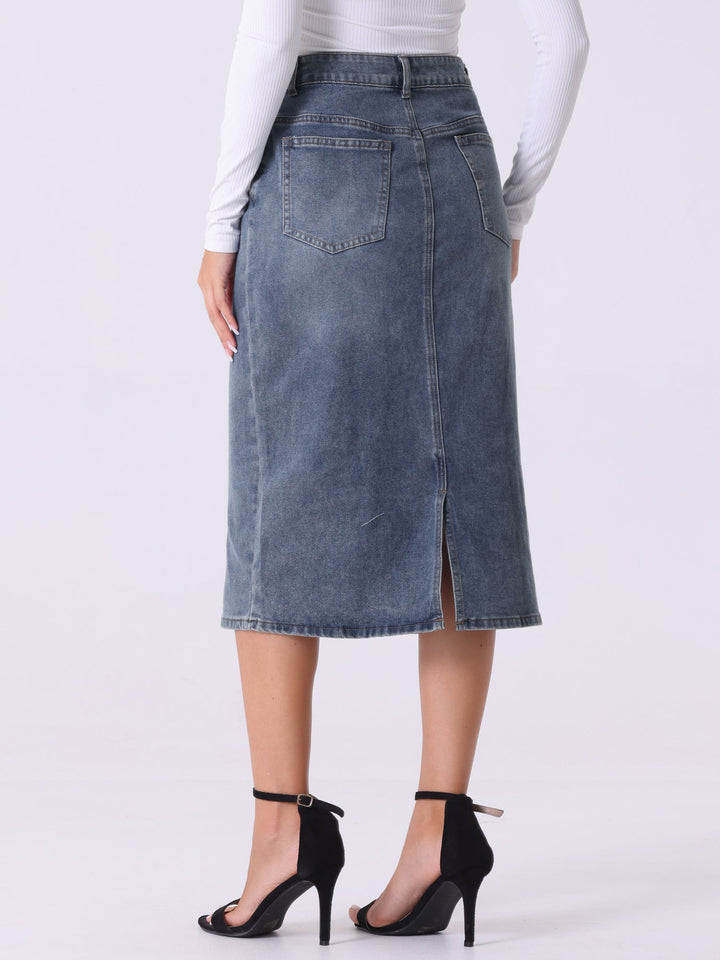 Effortless women's high waist midi straight slit skirt in grey blue. Comfortable, versatile for classic everyday style.