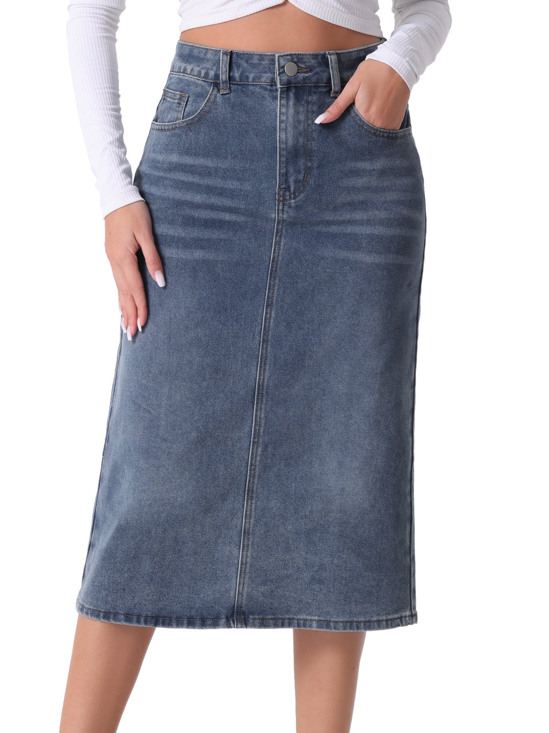 Women's grey blue high waist midi straight slit skirt. Chic design, perfect for a trendy and classic workwear or casual look.