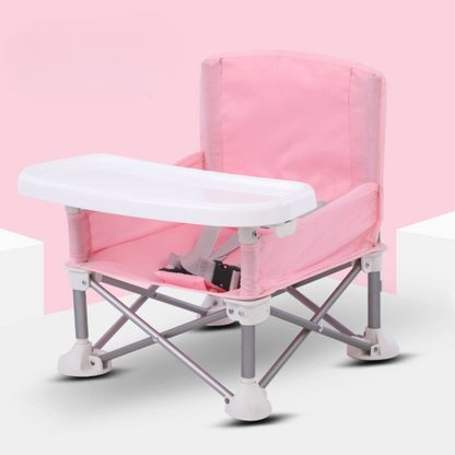 Portable children's travel chair in grey, a safe and comfortable toddler chair for outdoor fun.