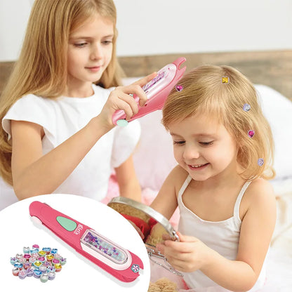 Hair Dazzle Gem Styler Kit; kids pressing purple sparkle hair gem into hair with styler tool