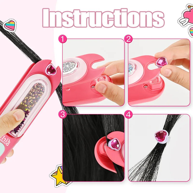 Hair Dazzle Gem Styler Kit; girl smiling with reusable pink and blue hair gems in her hair