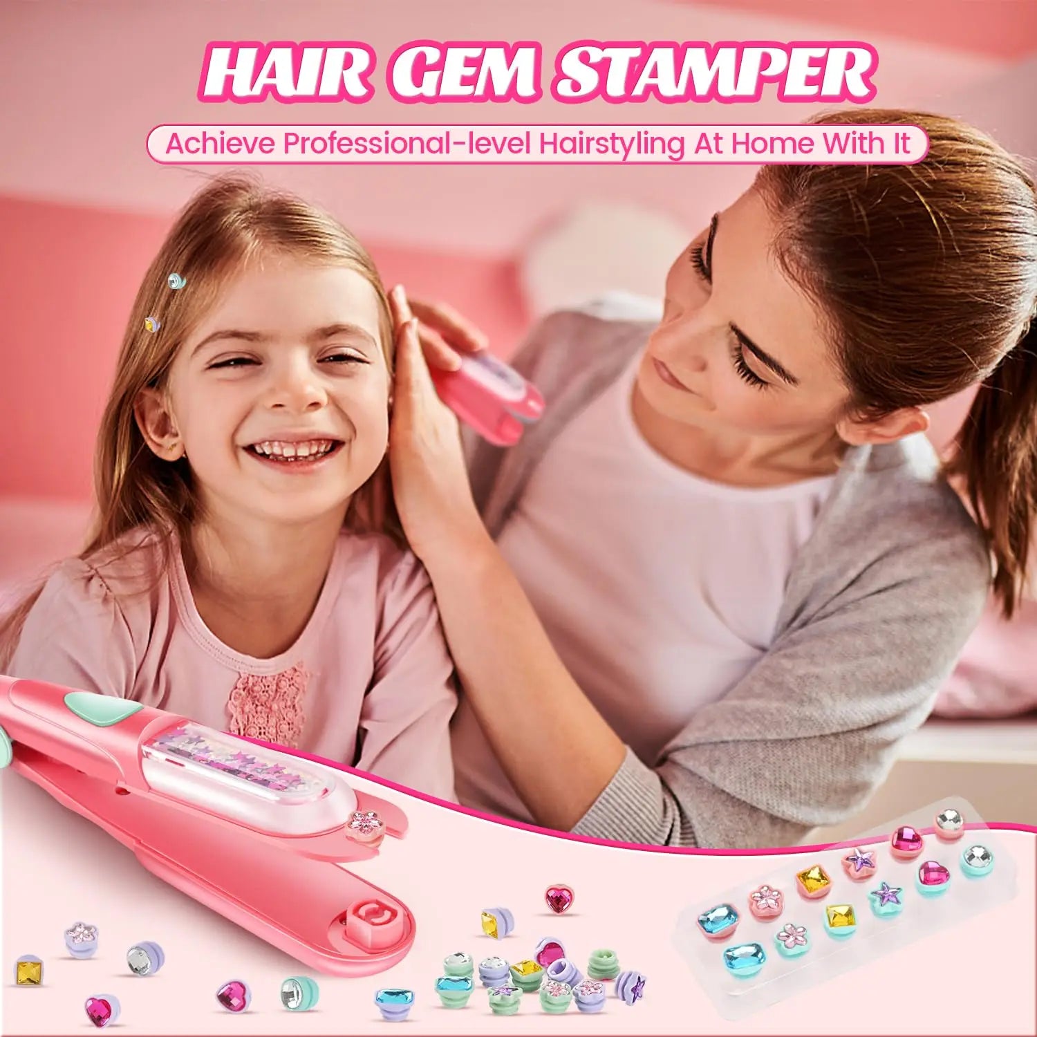 Close-up of Hair Dazzle Gem Styler Kit; focus on styler tool, gem refills and glitter hair