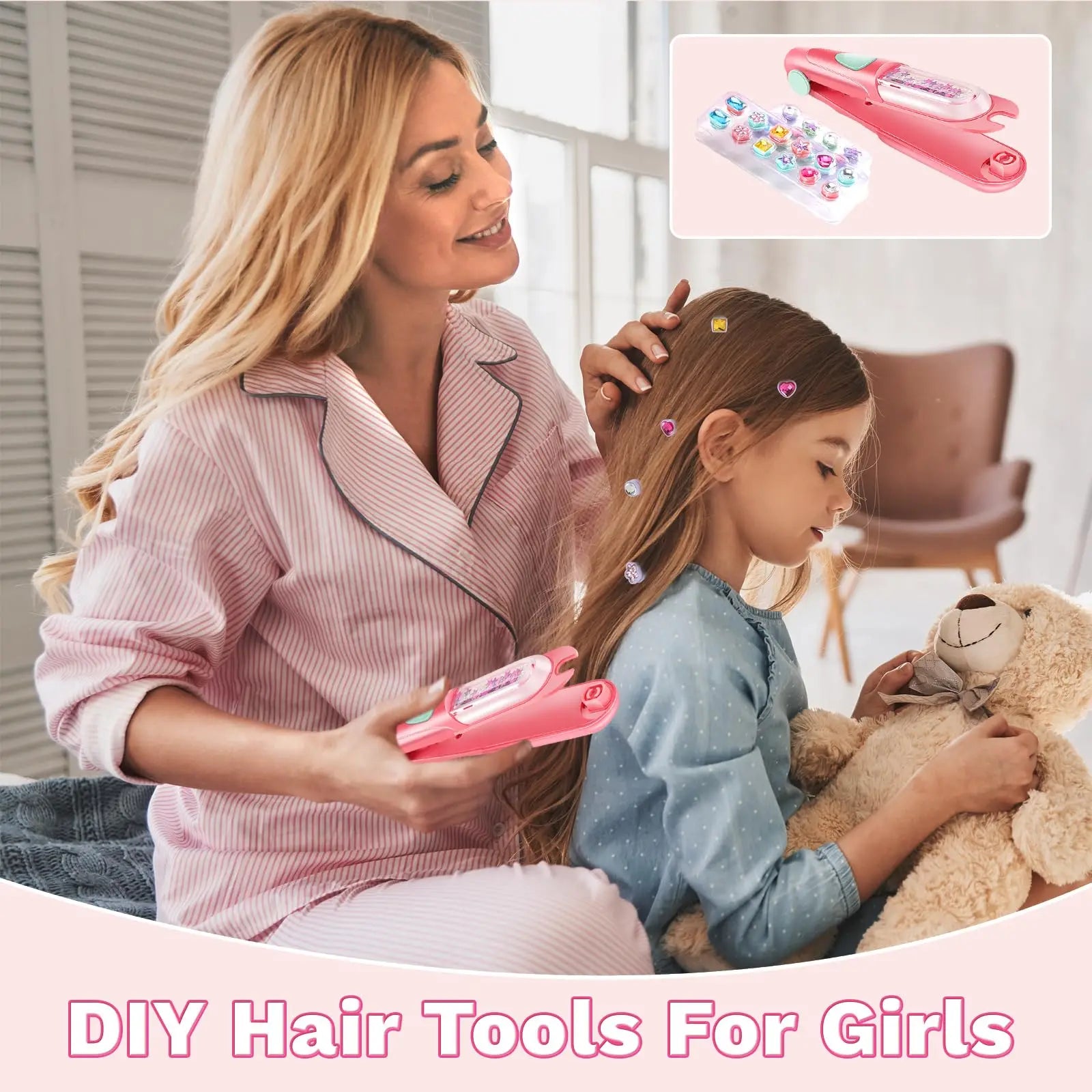 Open Hair Dazzle Gem Styler Kit; showing many reusable colorful hair jewels and styling tool