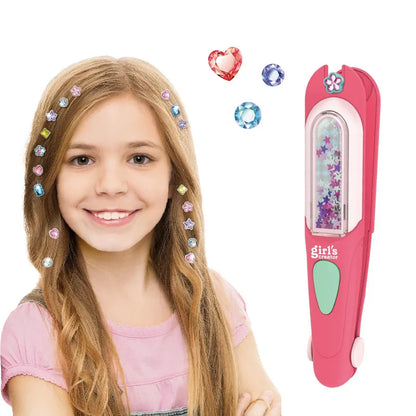 Happy child using Hair Dazzle Gem Styler Kit to apply sparkle gems to her friend's hair