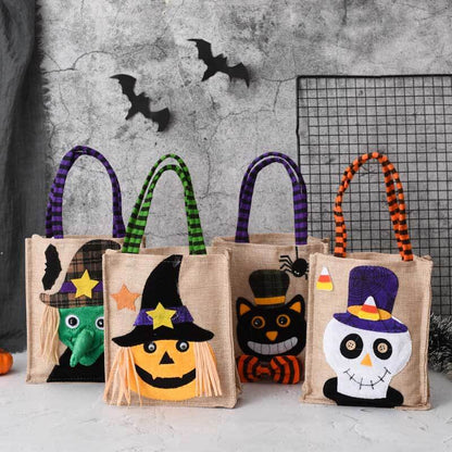 Halloween linen drawstring treat bag with spooky black cat design for candies and party favors