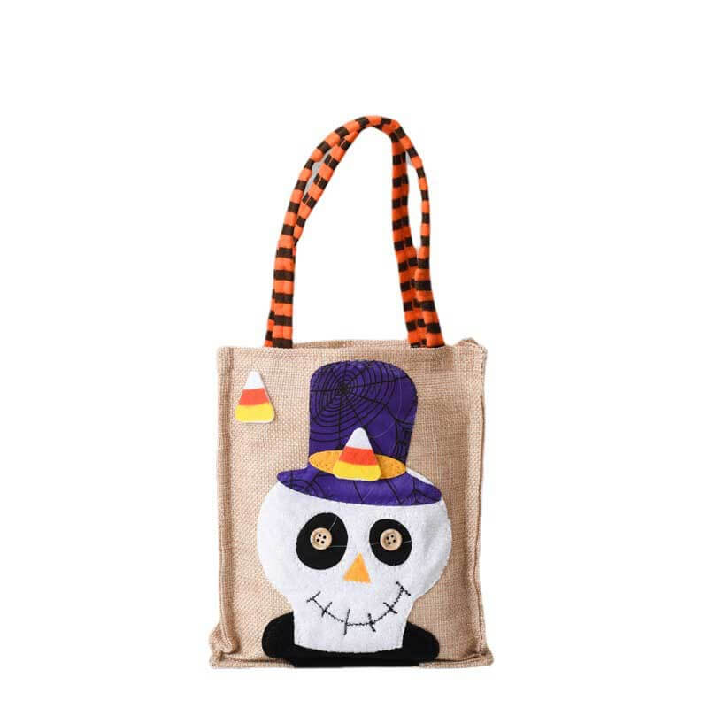 Versatile linen drawstring candy bag for Halloween, featuring a haunted house, suitable for reuse