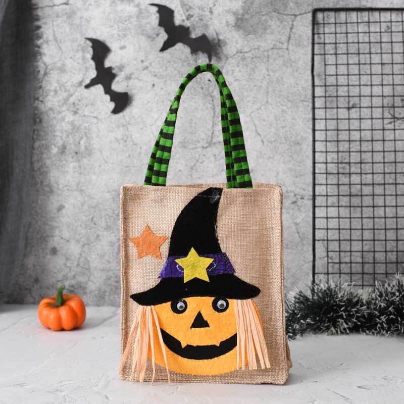 Reusable Halloween drawstring linen candy bag with ghost and pumpkin graphics for trick-or-treating